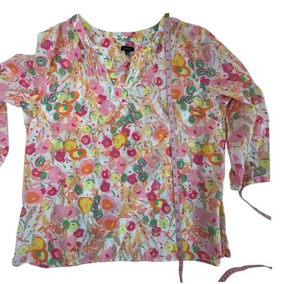 Talbots Pintuck Popover Abstract Floral Top Blouse Women XL Pink 3/4 Sleeve Boho - Picture 10 of 11
